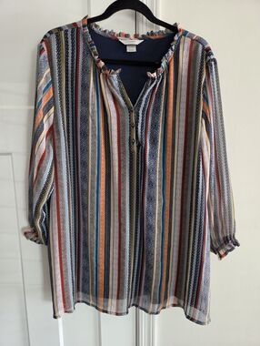 CJ Banks Colorful Plus Size 24/26 3x Striped Boho Lined Sheer Sleeve Top